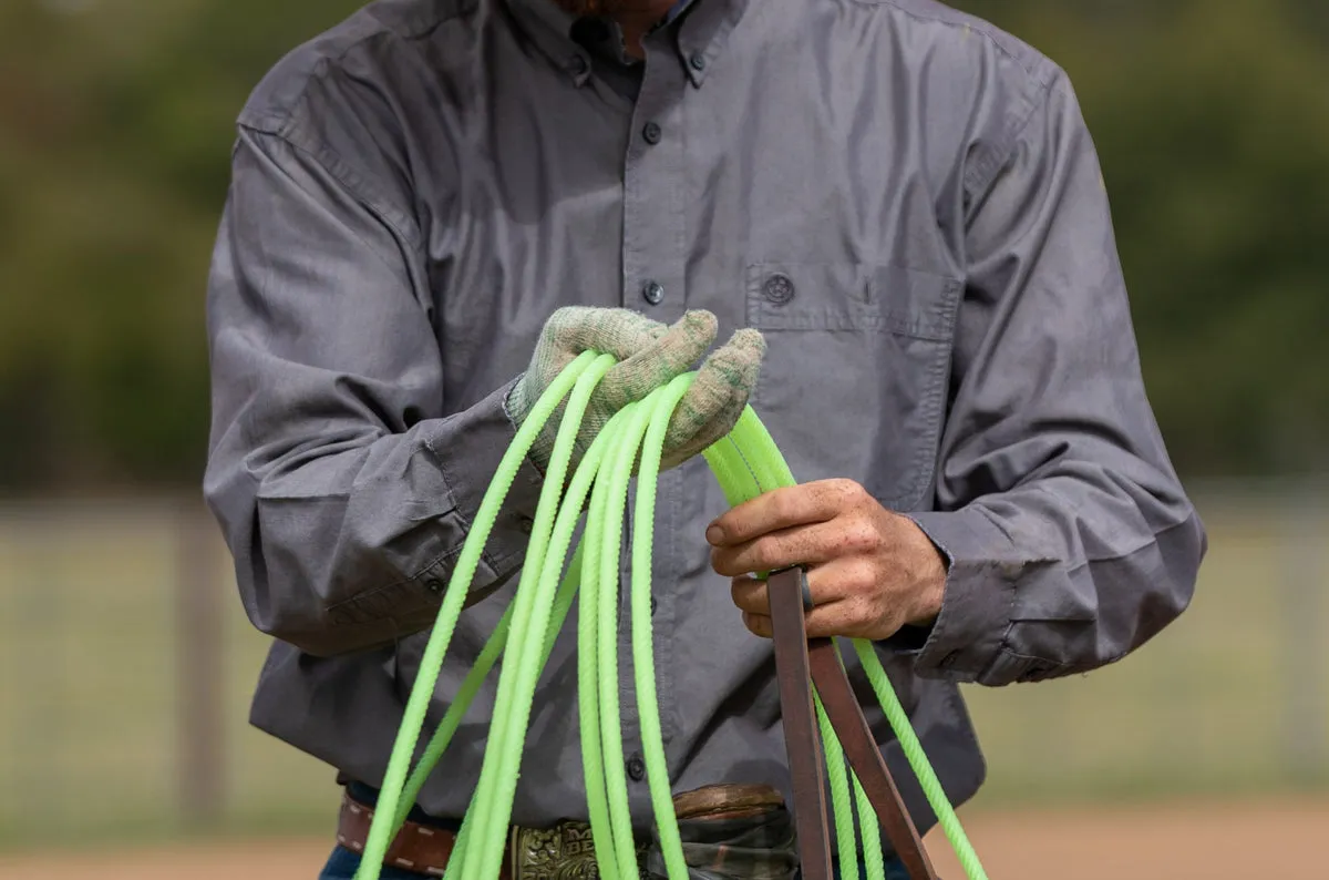 Roper holding coils of a neon green Amazon 6 rope