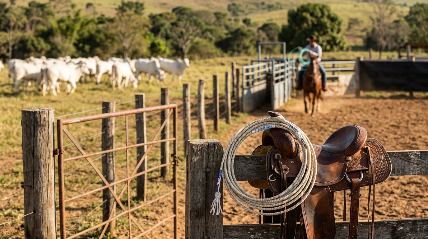 Lida com gado no campo e arena de laço