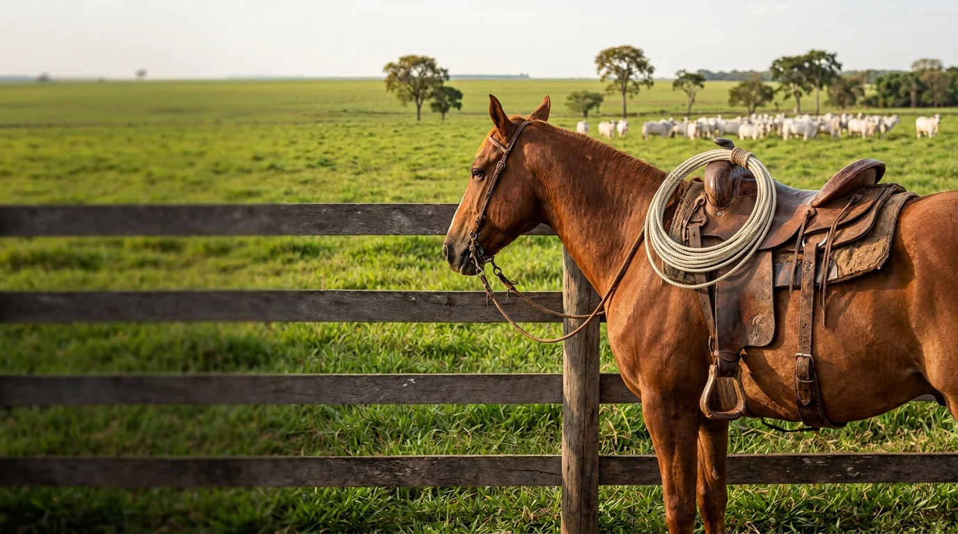 Uma Rancheira em tom branco cru presa ao pito da sela de um cavalo junto à cerca de um pasto