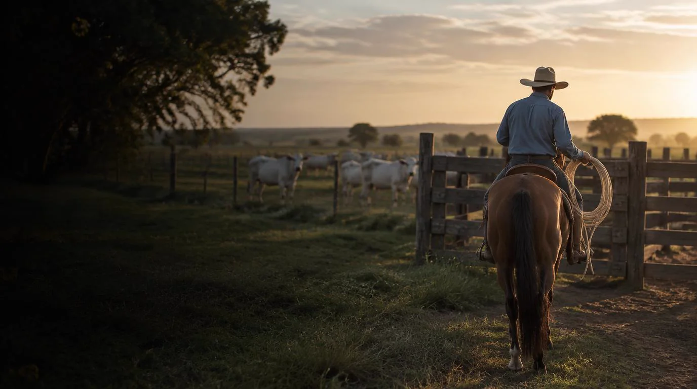 Um peão montado com uma corda de campo diante de um curral com gado Nelore