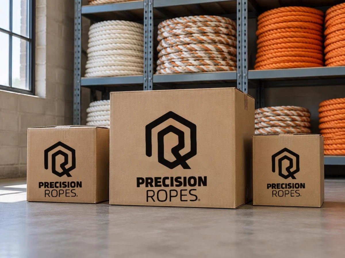 Bobinas de corda empilhadas em prateleiras e caixas de papelão com a marca Precision Ropes