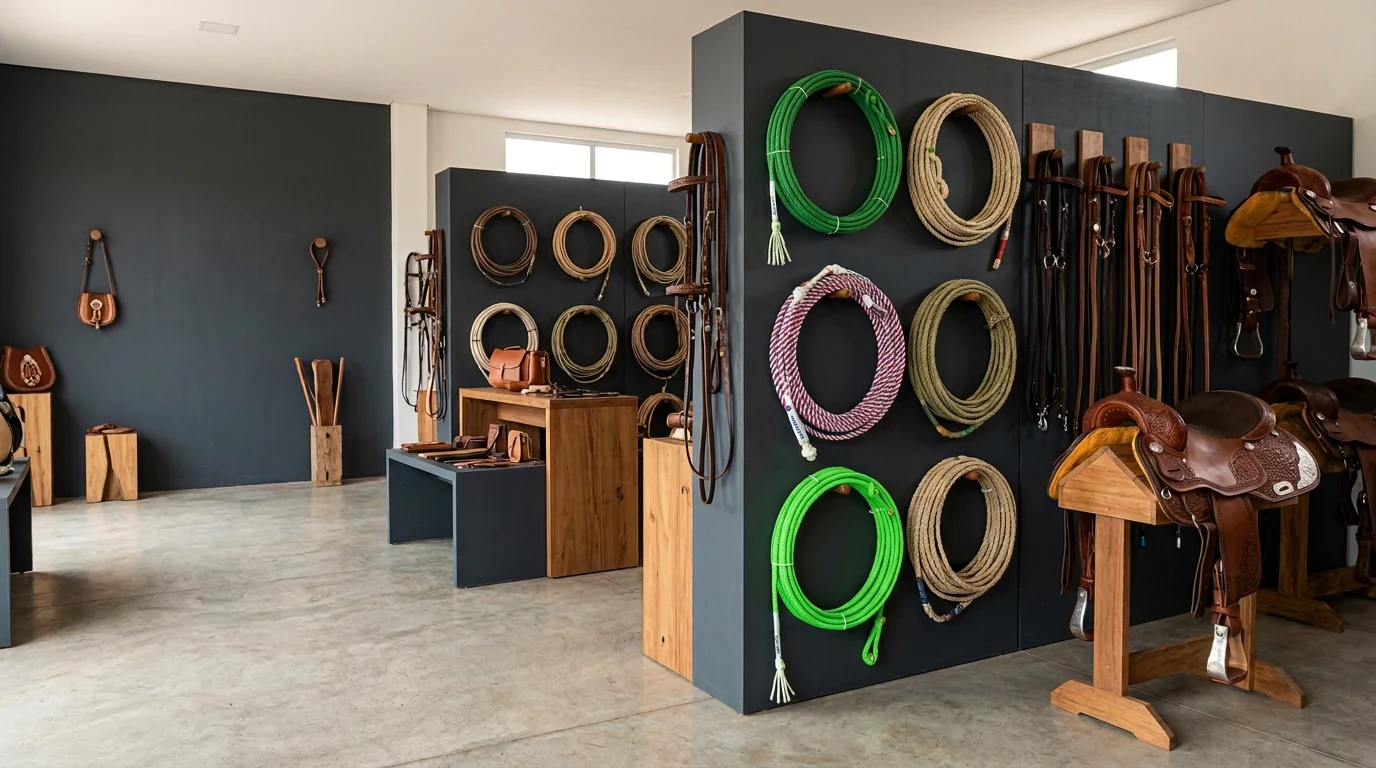 Cordas e selas em exposição em uma selaria brasileira.