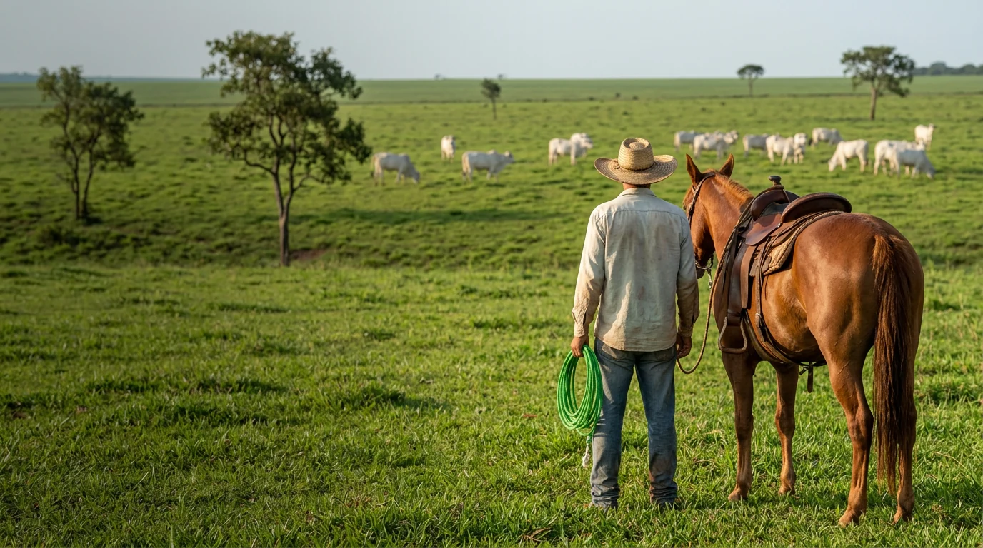 Um peão de costas com corda e cavalo diante de um pasto com gado Nelore