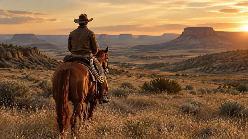 Rider on a sorrel horse in open range with a coiled ranch rope on the saddle horn