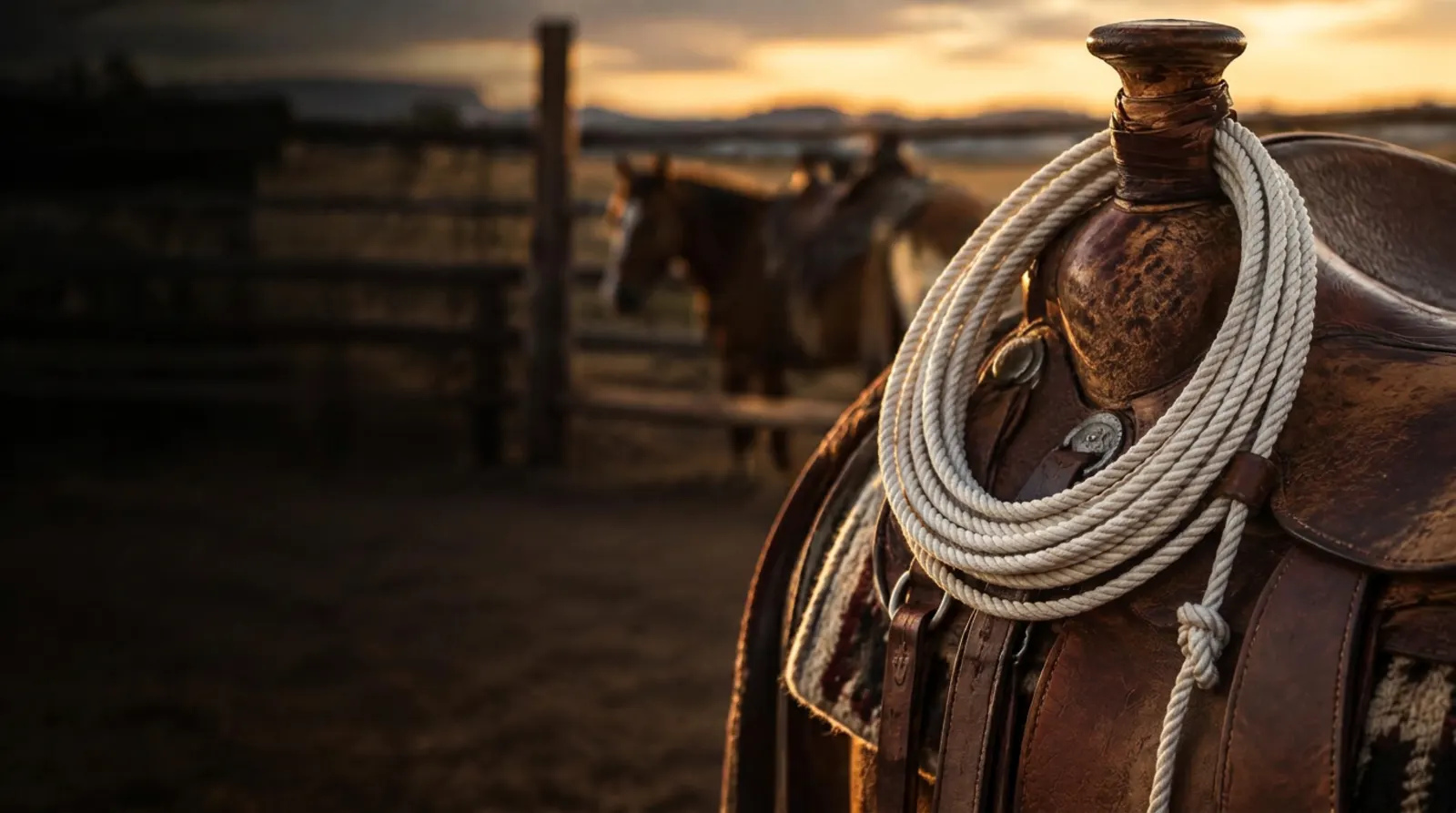 White lariat rope coiled over the horn of a western saddle at a ranch corral