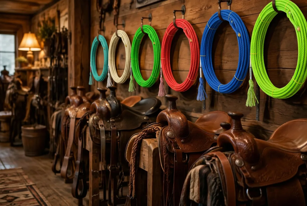 Lariat ropes displayed on a wooden wall above western saddles